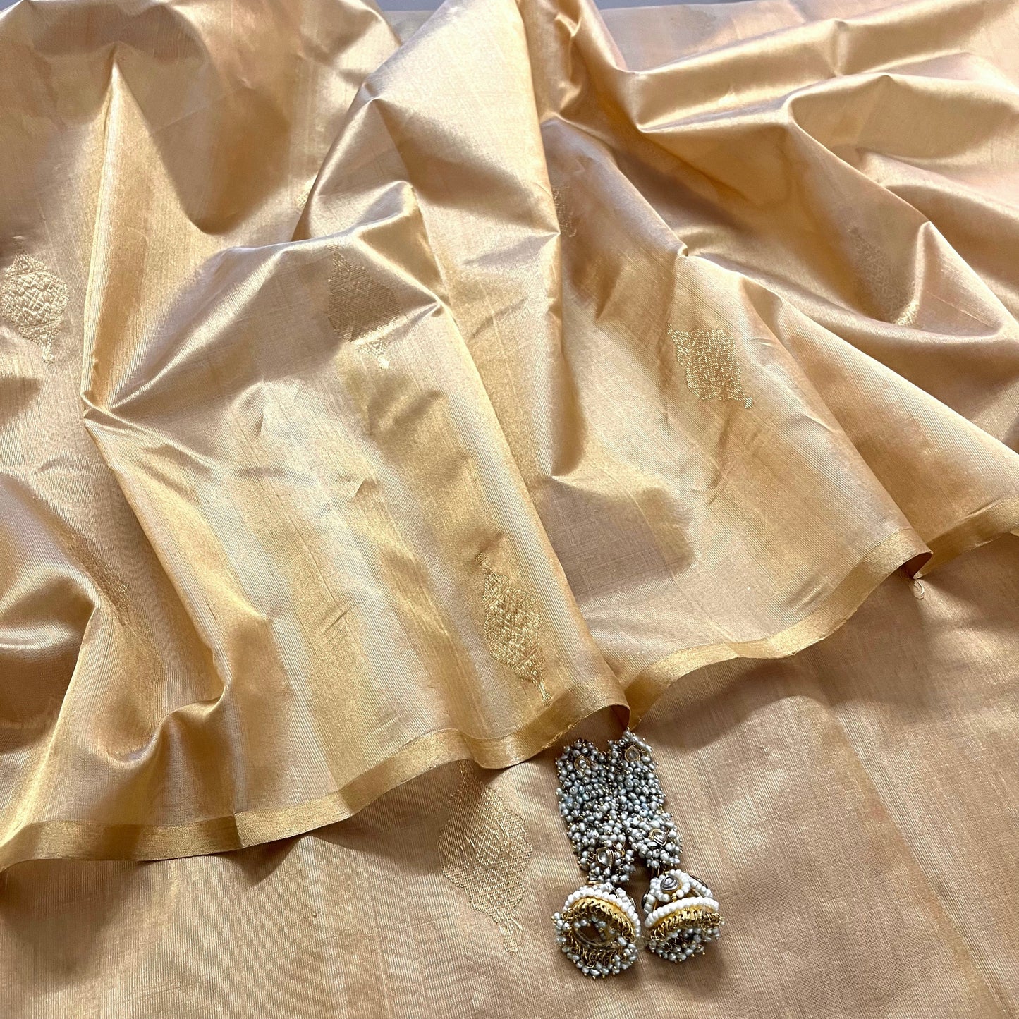 Gold chanderi silk saree with jhoomar motifs all over