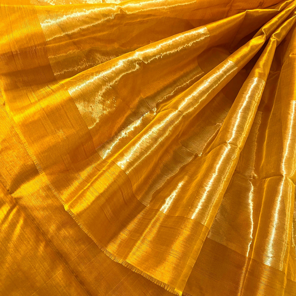Ready to wear | Mustard Gold Chanderi Silk Saree with Flower Bootis all over