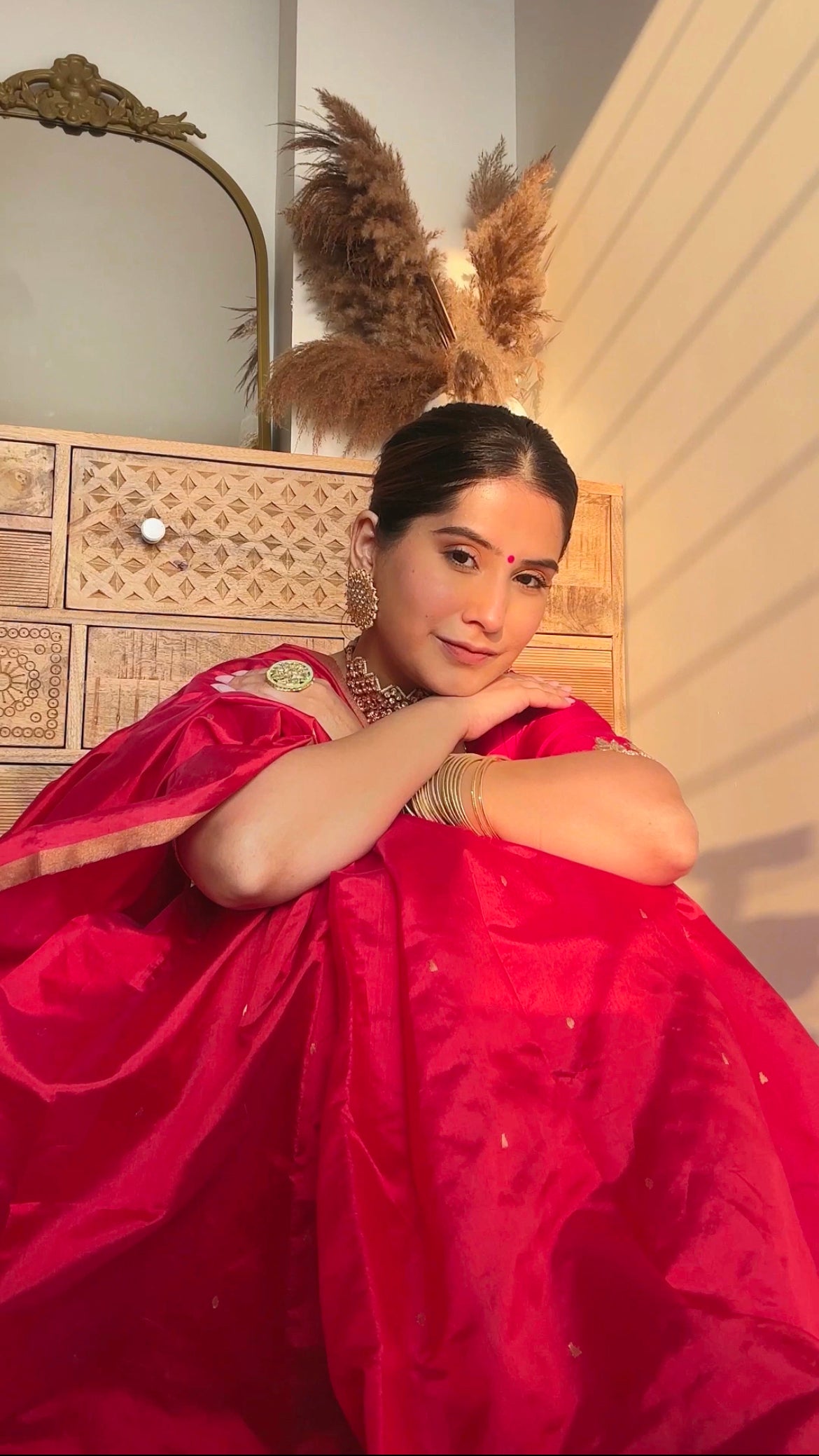 Crimson red chanderi silk saree with zari bootis all over