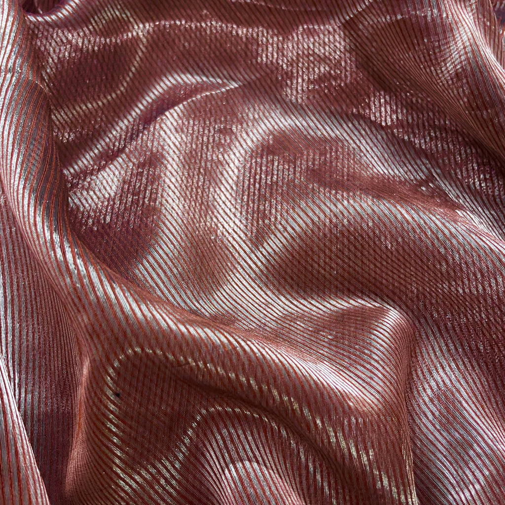 Chocolate brown Maheshwari saree with silver zari lines all over