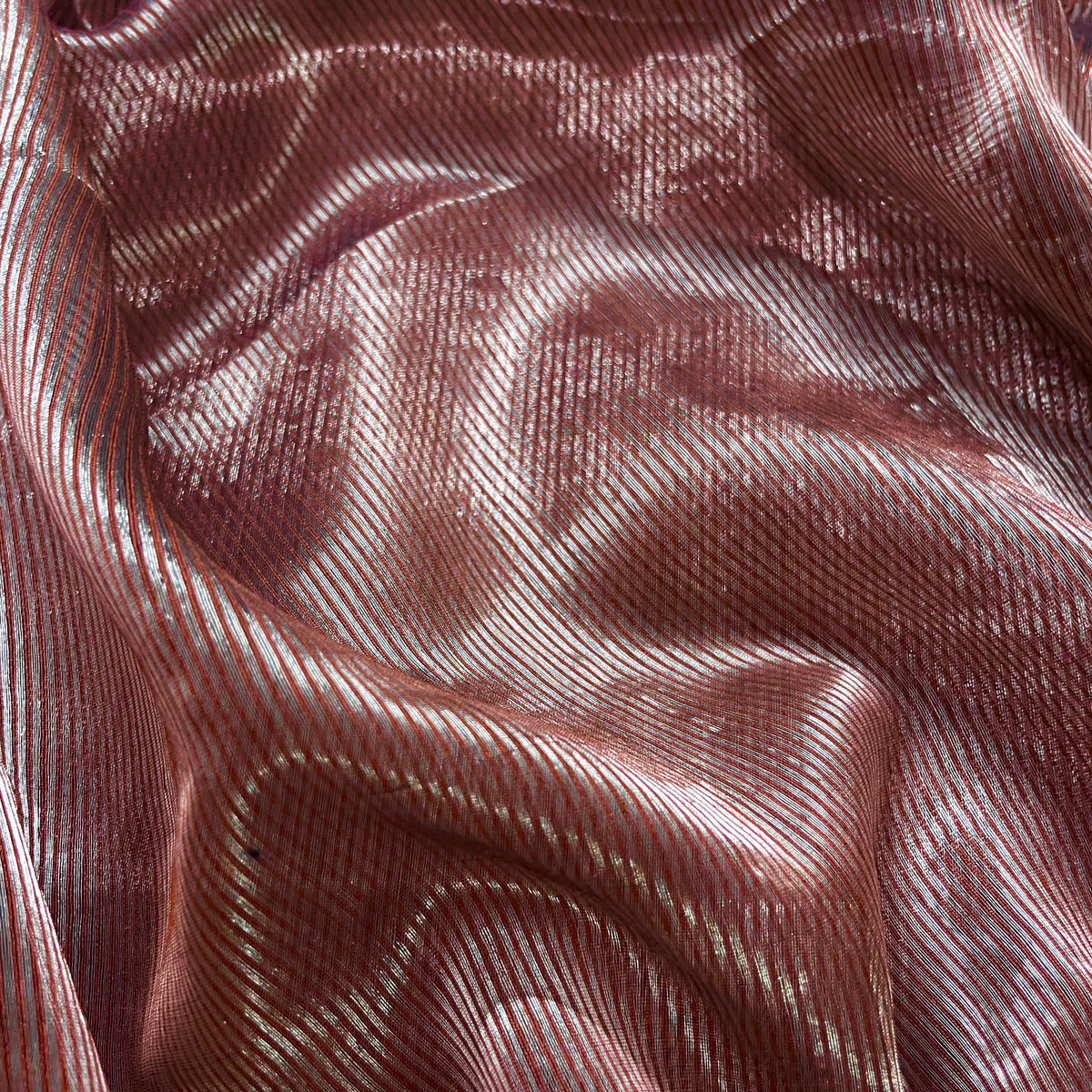 Chocolate brown Maheshwari saree with silver zari lines all over