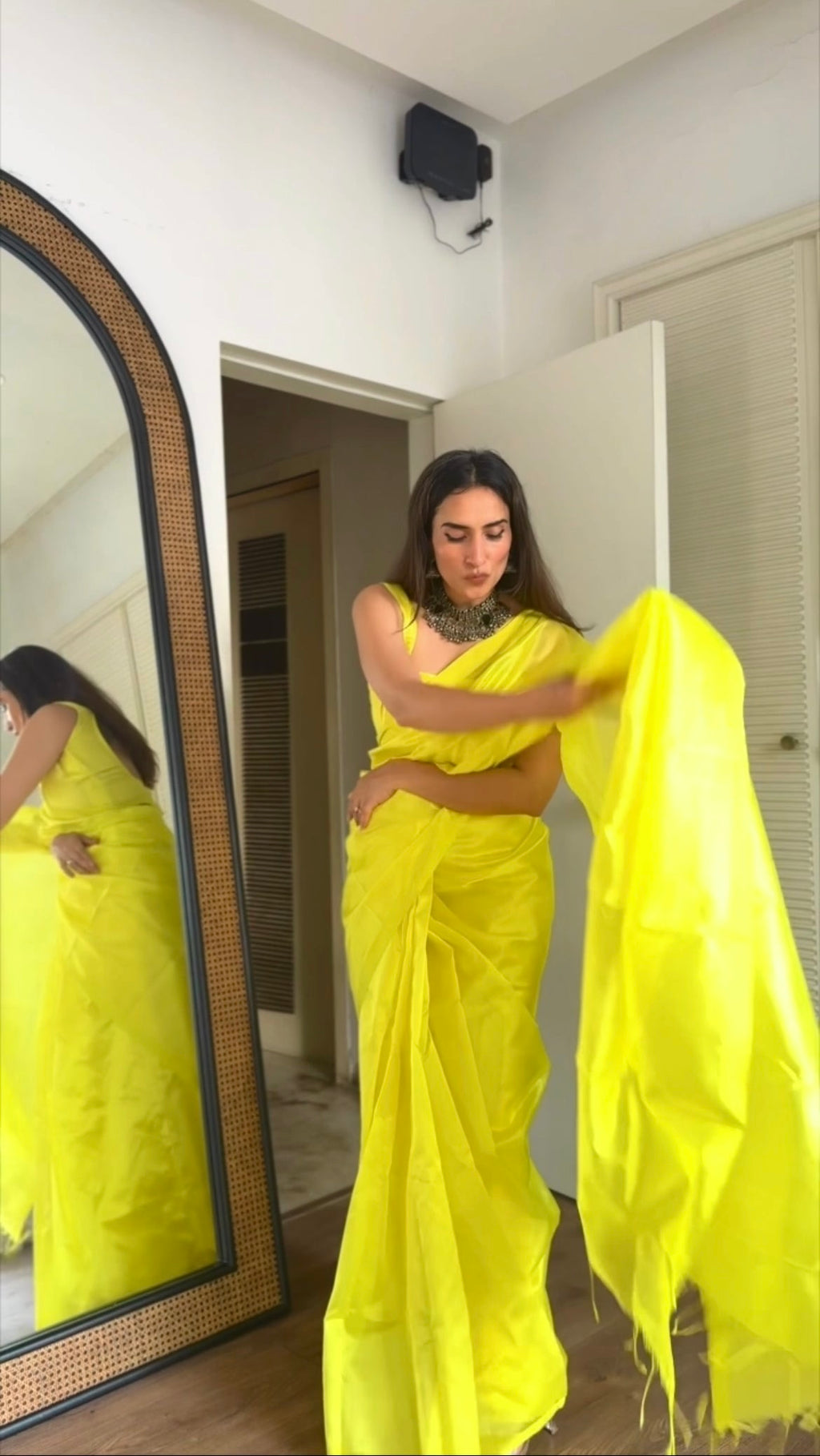 Lemon yellow Chanderi silk saree with silk border