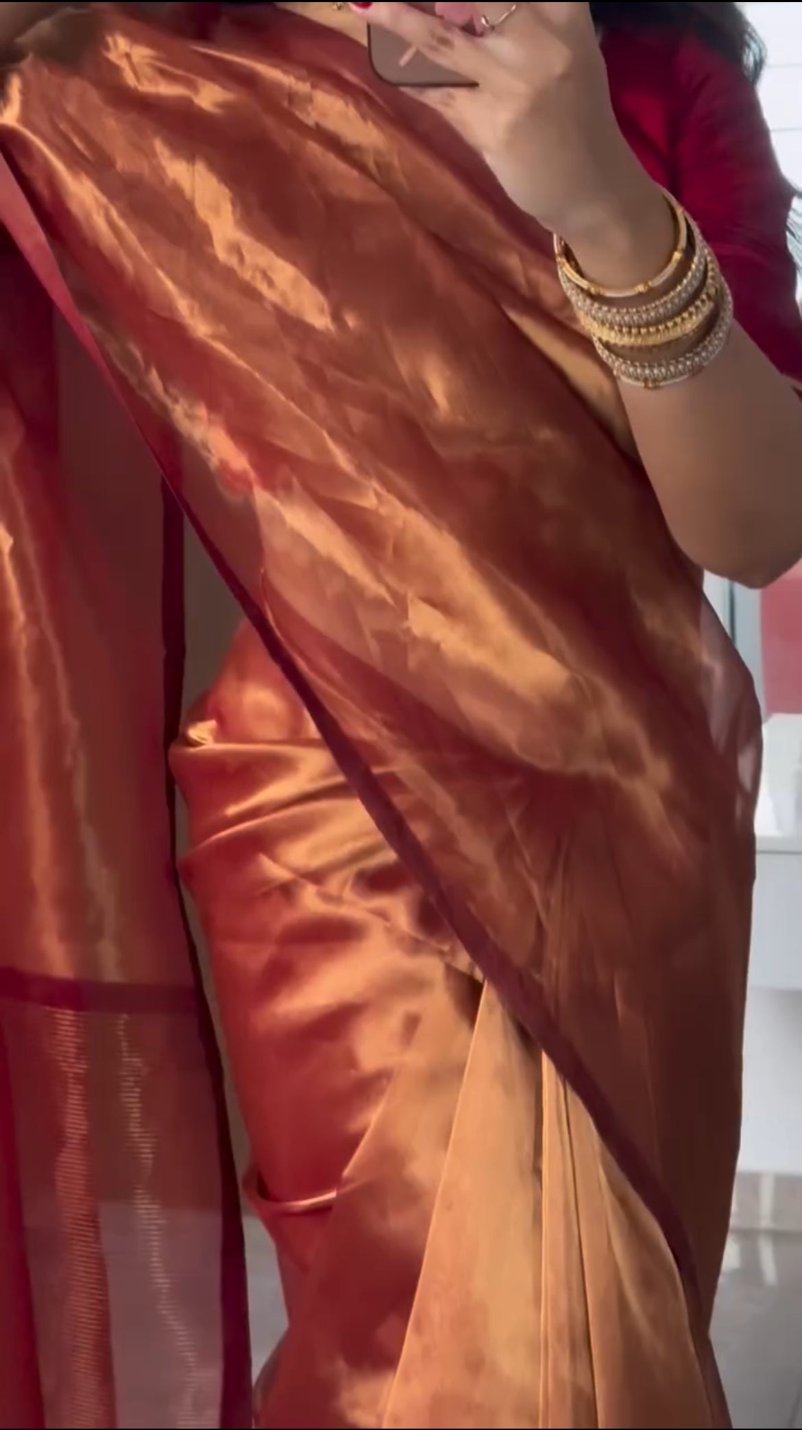 Deep red and gold Chanderi tissue silk saree