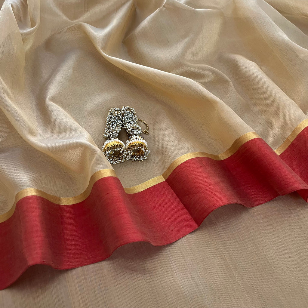 Beige & Red Chanderi Silk Saree with Zari Lines on Pallu