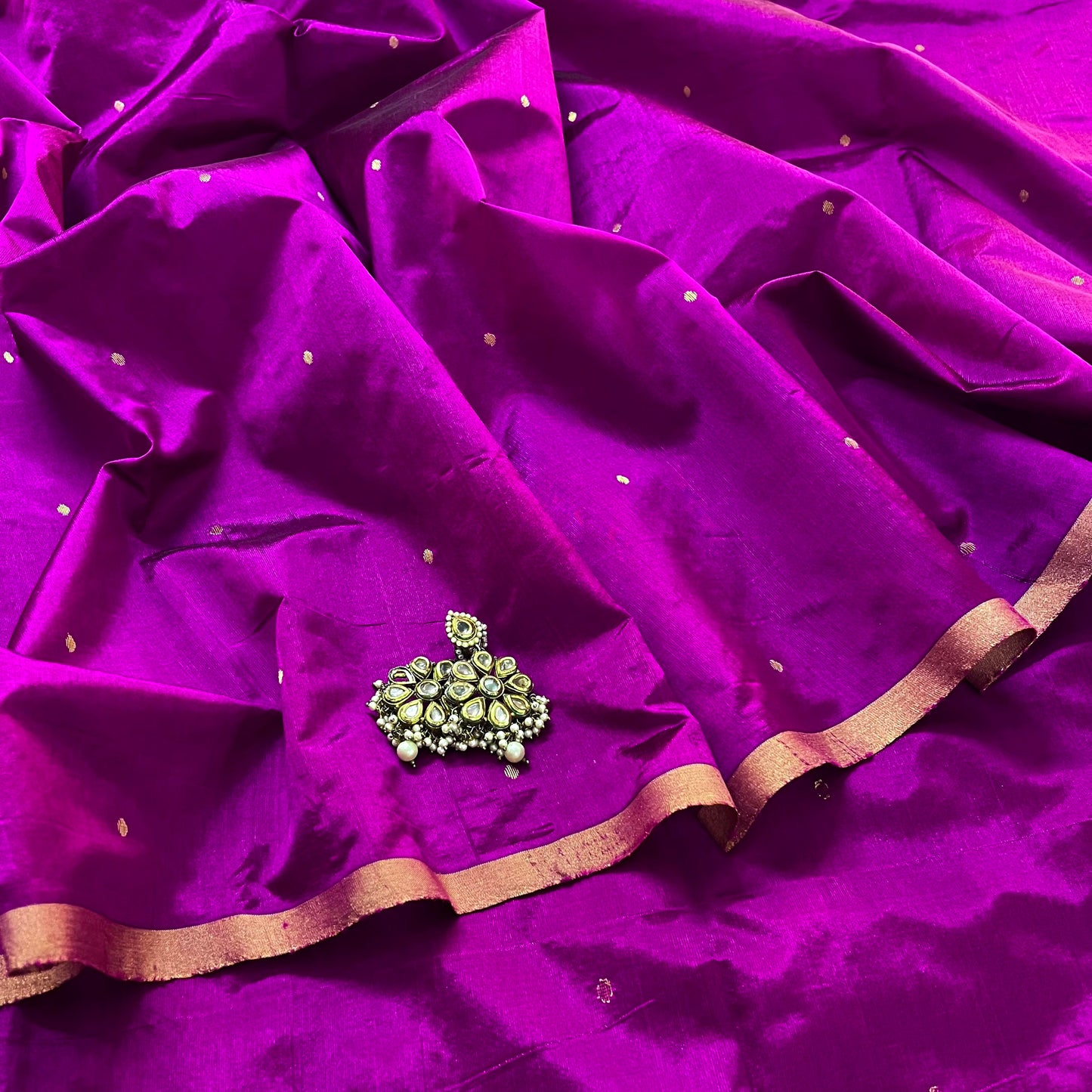 Wine chanderi silk saree with zari bootis all over