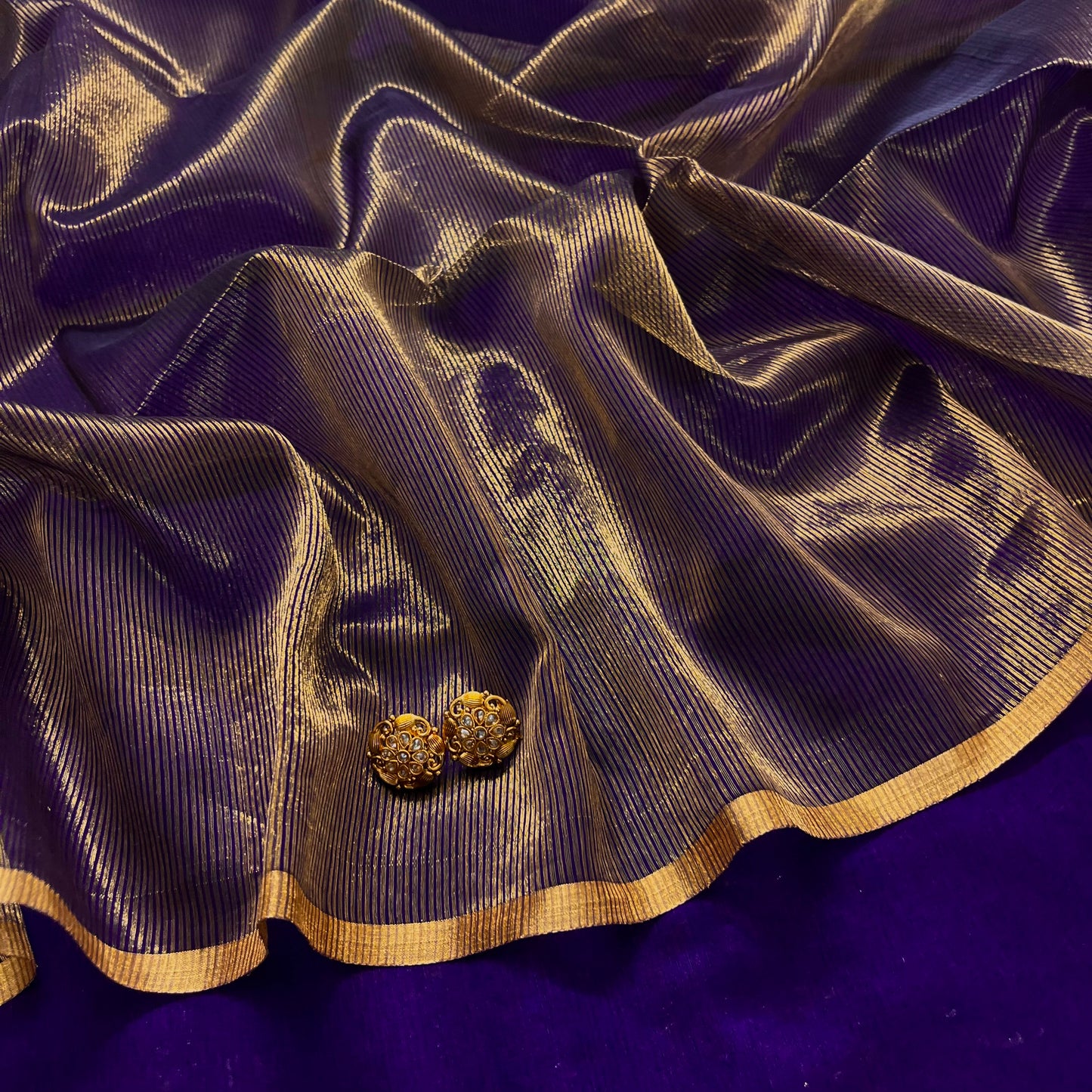 Dark purple and gold maheshwari saree with zari border