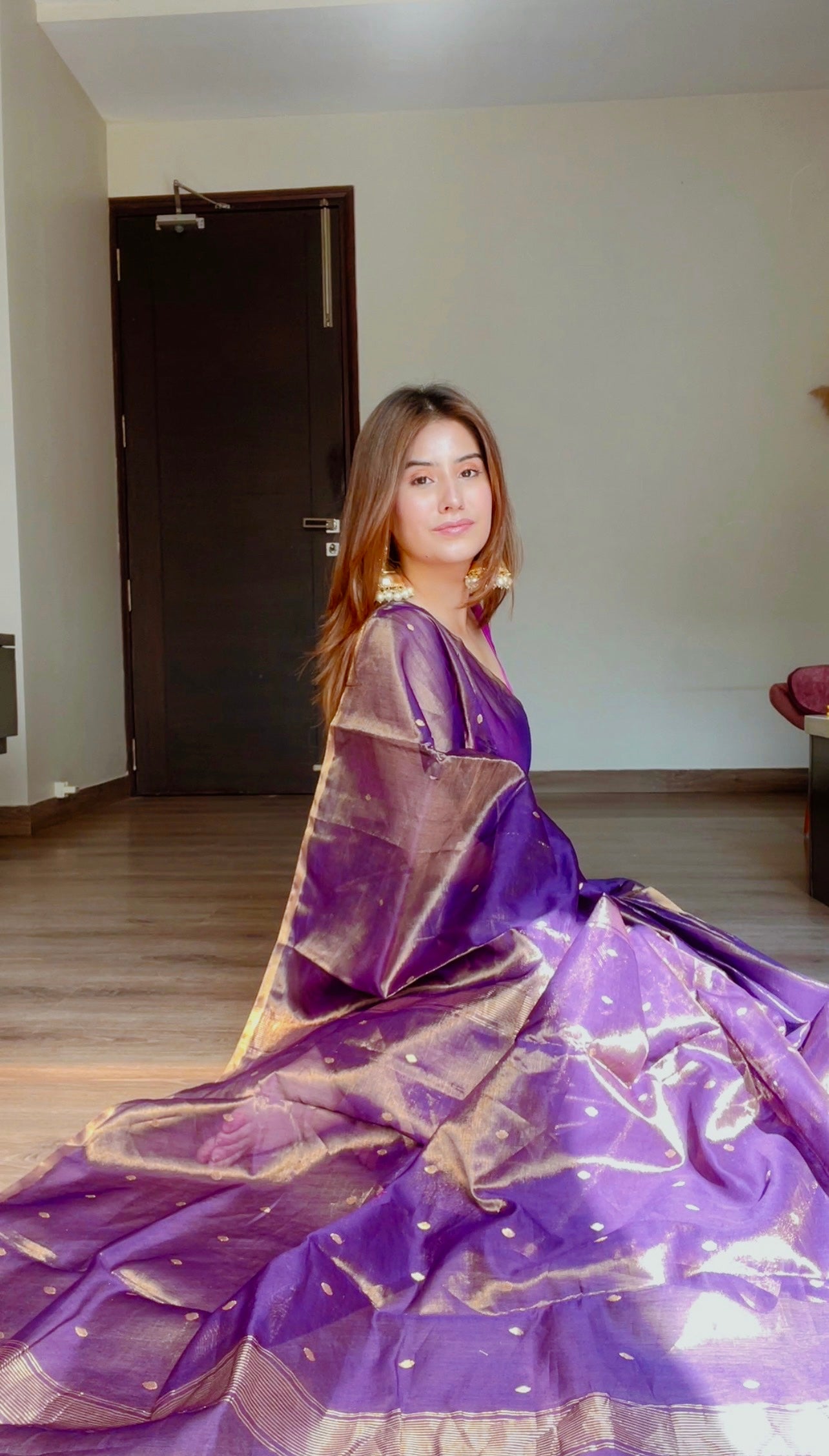 Dark Purple & Gold Maheshwari Tissue Silk Saree with Zari Bootis all over