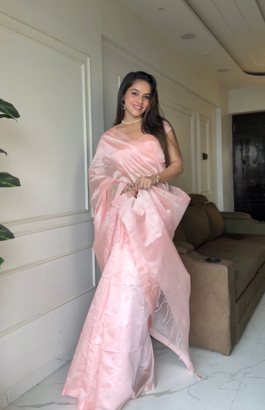 Baby Pink Chanderi silk saree with silk border