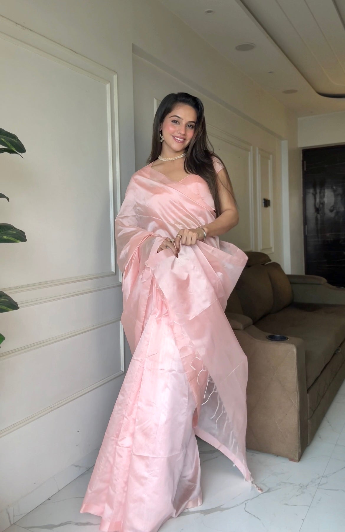 Baby Pink Chanderi silk saree with silk border