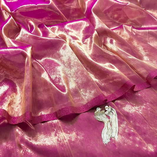 Pink and gold chanderi tissue silk saree