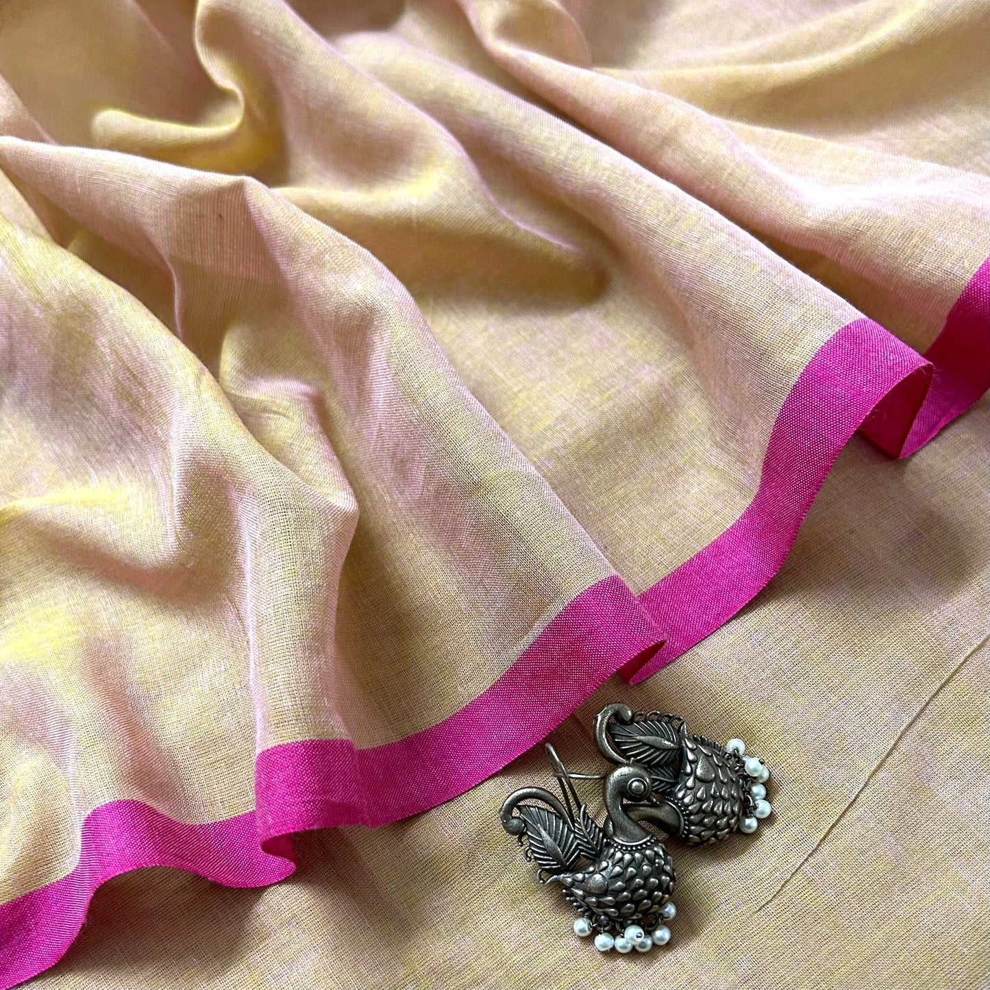 Beige and pink mulmul saree