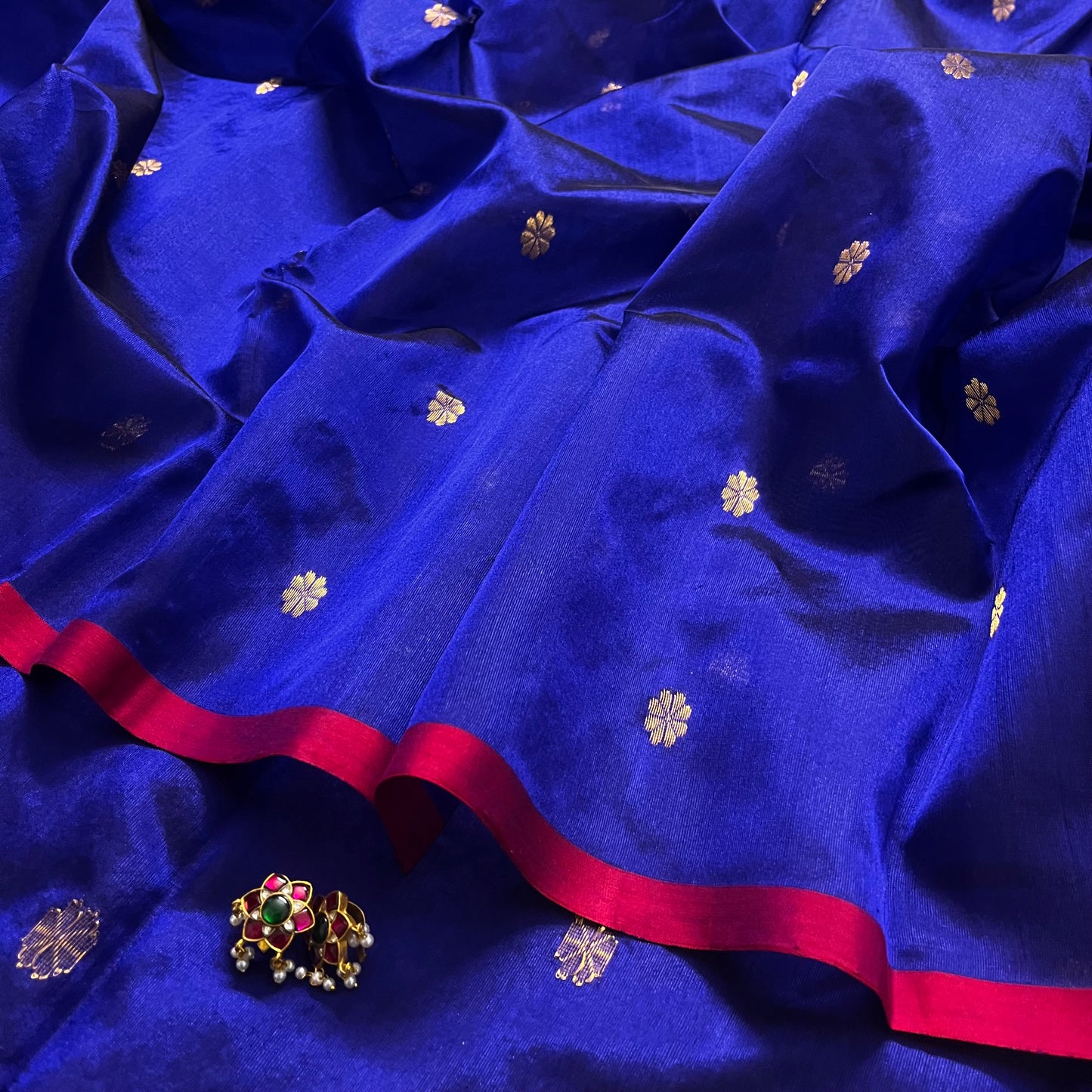 Dark blue Chanderi silk saree with flower bootis all over