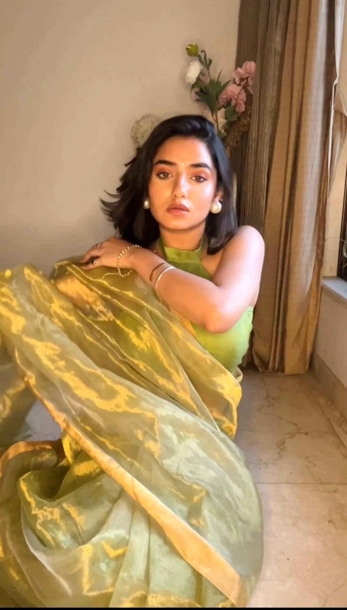 Lime green maheshwari saree with zari lines all over