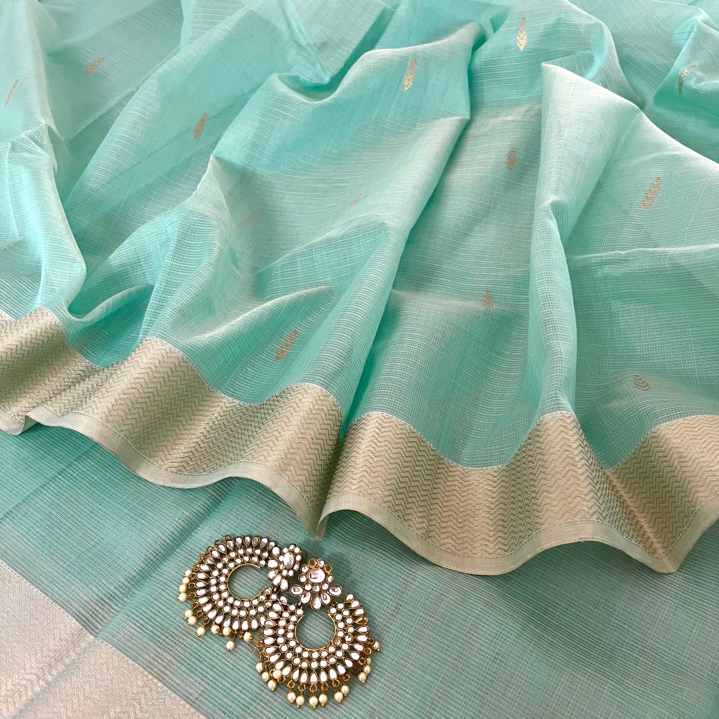 Light blue Maheshwari silk saree with zari checks all over