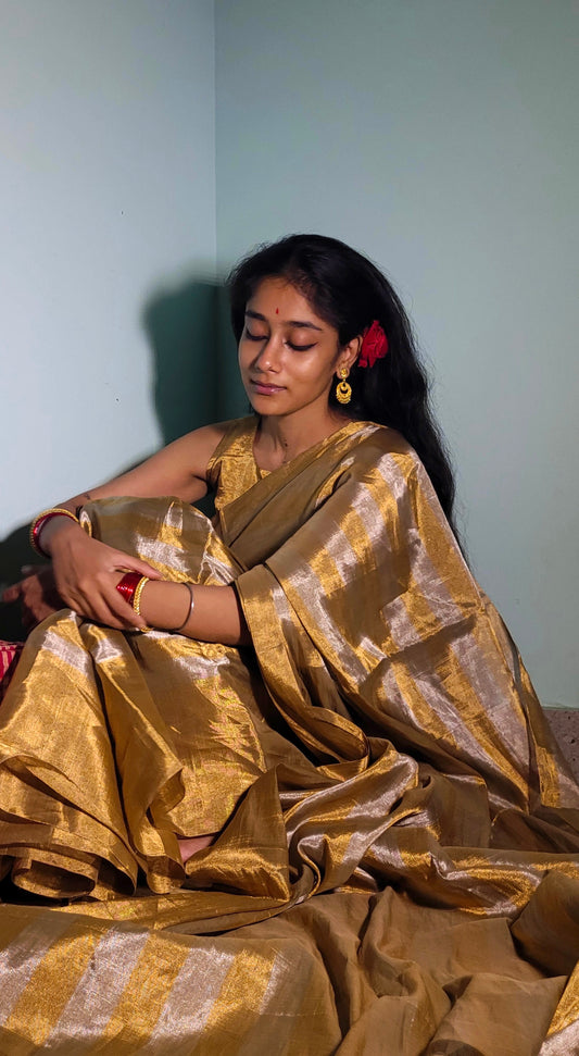 Gold and silver striped chanderi tissue silk saree