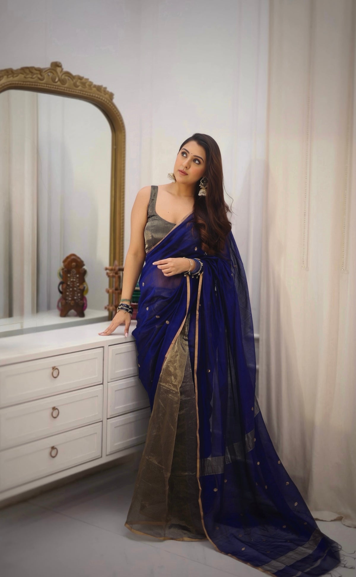 Ready to wear | Dark Blue Maheshwari Saree with Zari Bootis & Zari Lines