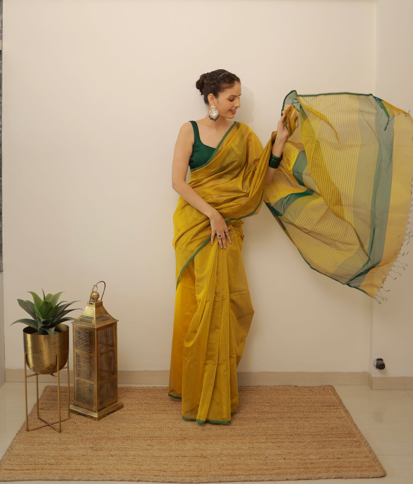 Mustard and green maheshwari saree
