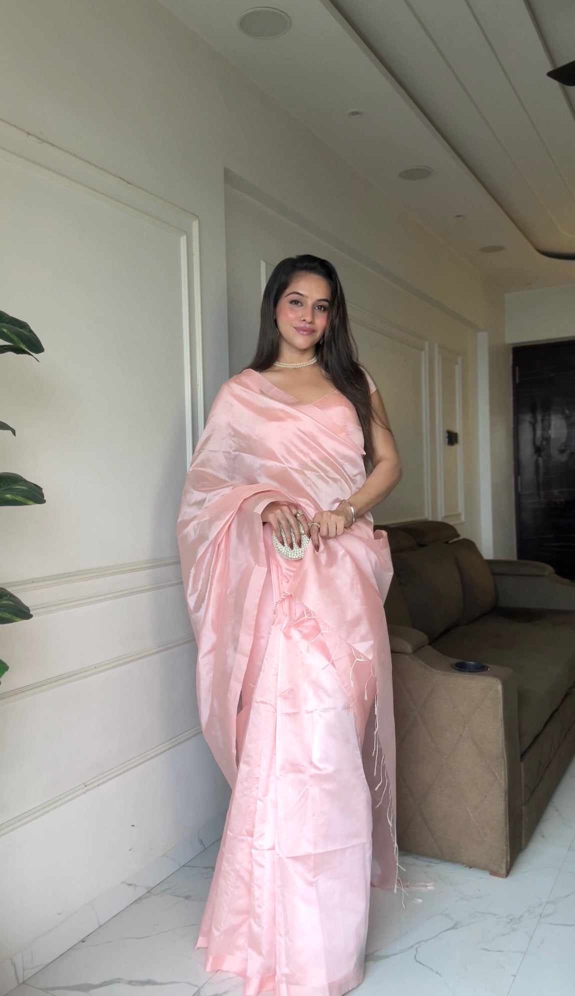 Baby Pink Chanderi silk saree with silk border