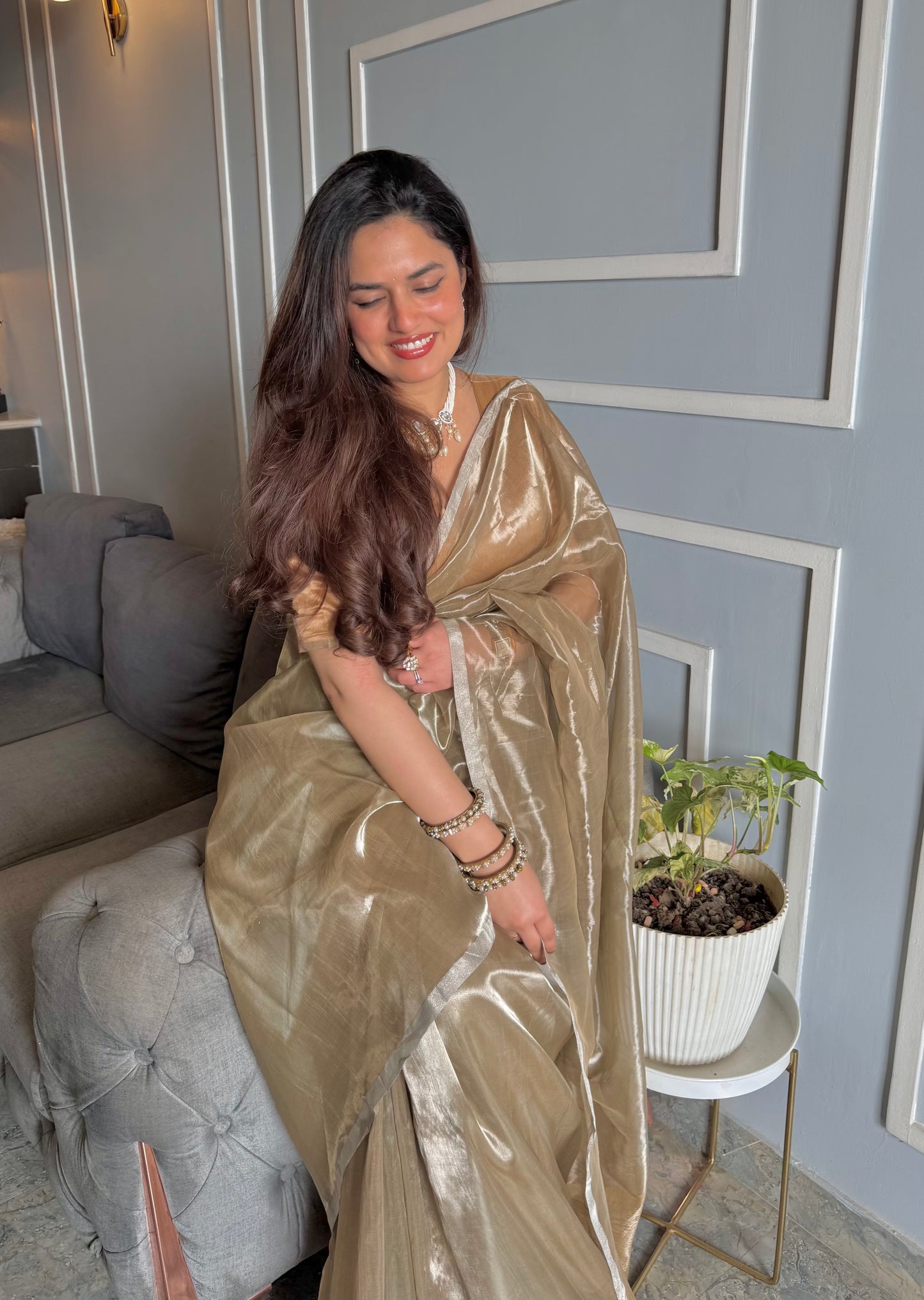 Champagne Chanderi tissue silk saree with silver zari border