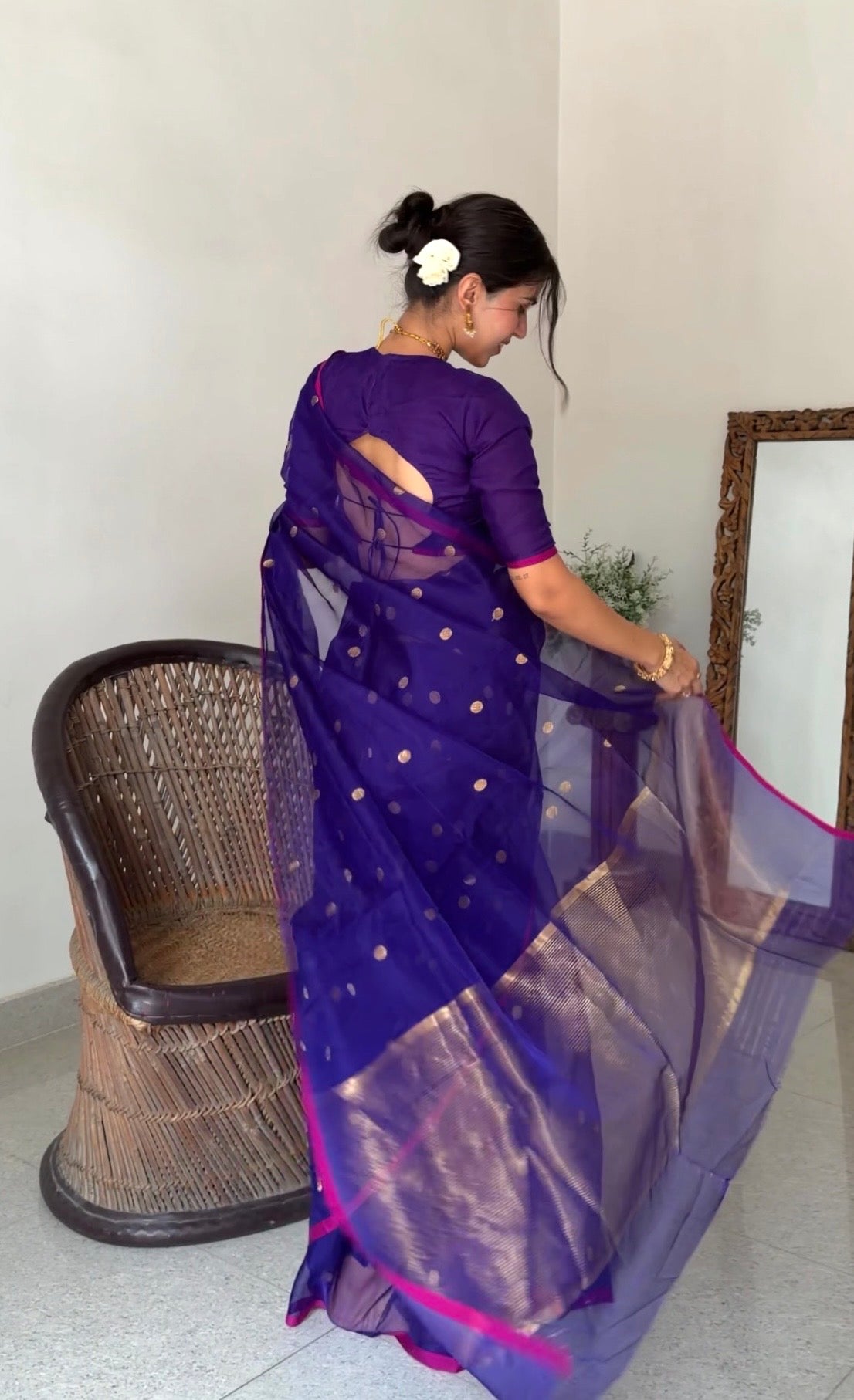 Dark Purple & Pink Chanderi silk saree with zari bootis all over