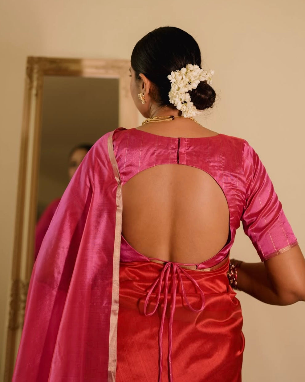 Chili Red and pink Chanderi silk saree with tassels on pallu