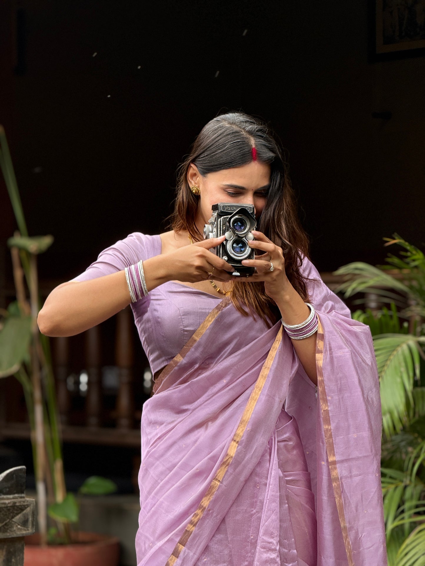 Mauve Chanderi silk saree with zari bootis all over