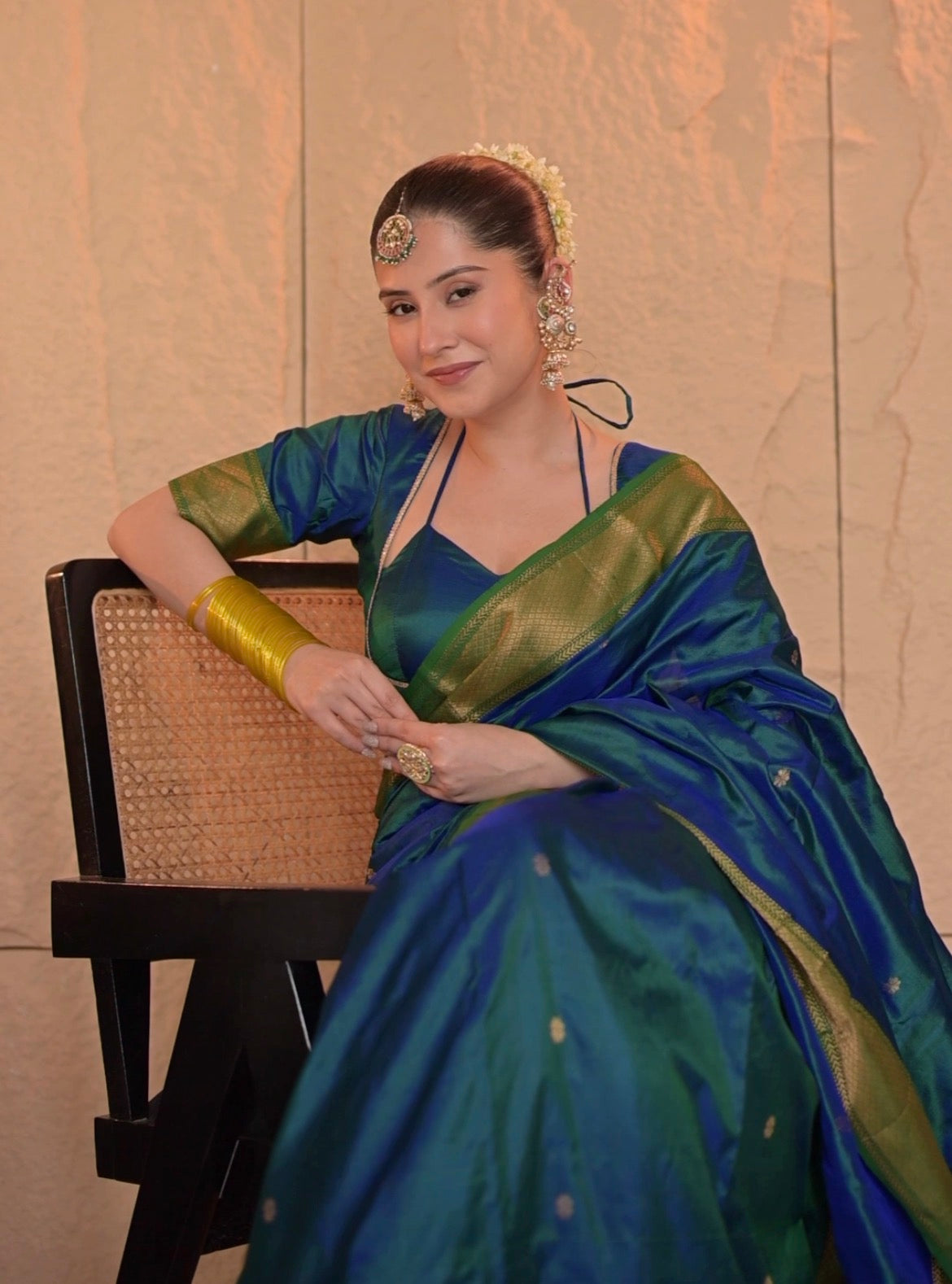 Peacock blue and green dual tone Maheshwari silk saree with zari bootis all over