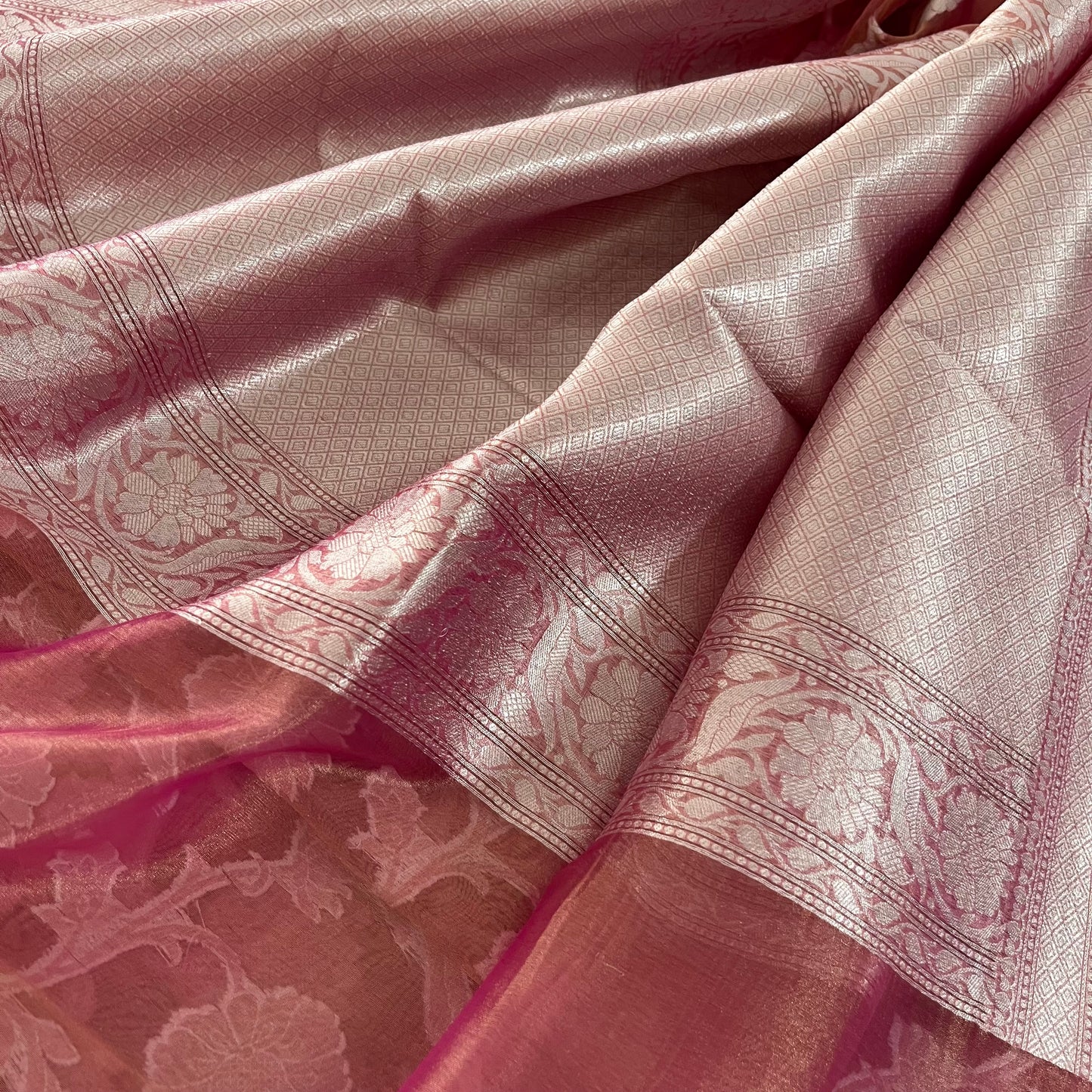 Peachish pink Banarasi tissue silk saree zari jaal work all over