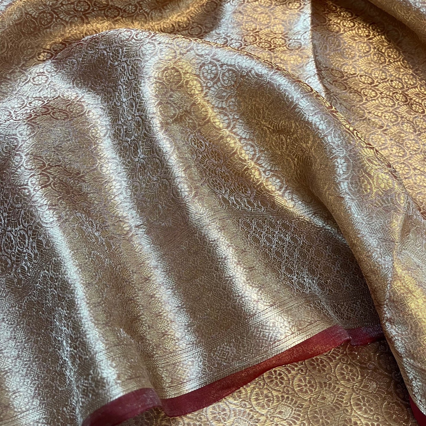 Champagne & Red Banarasi Brocade silk saree with zari pattern all over