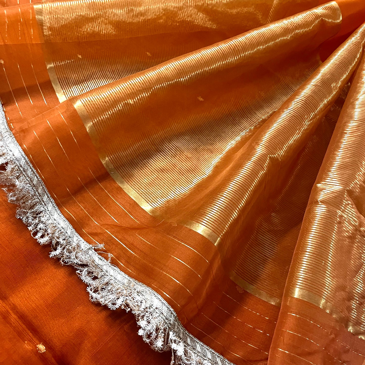 Burnt Orange Chanderi silk saree with zari bootis all over