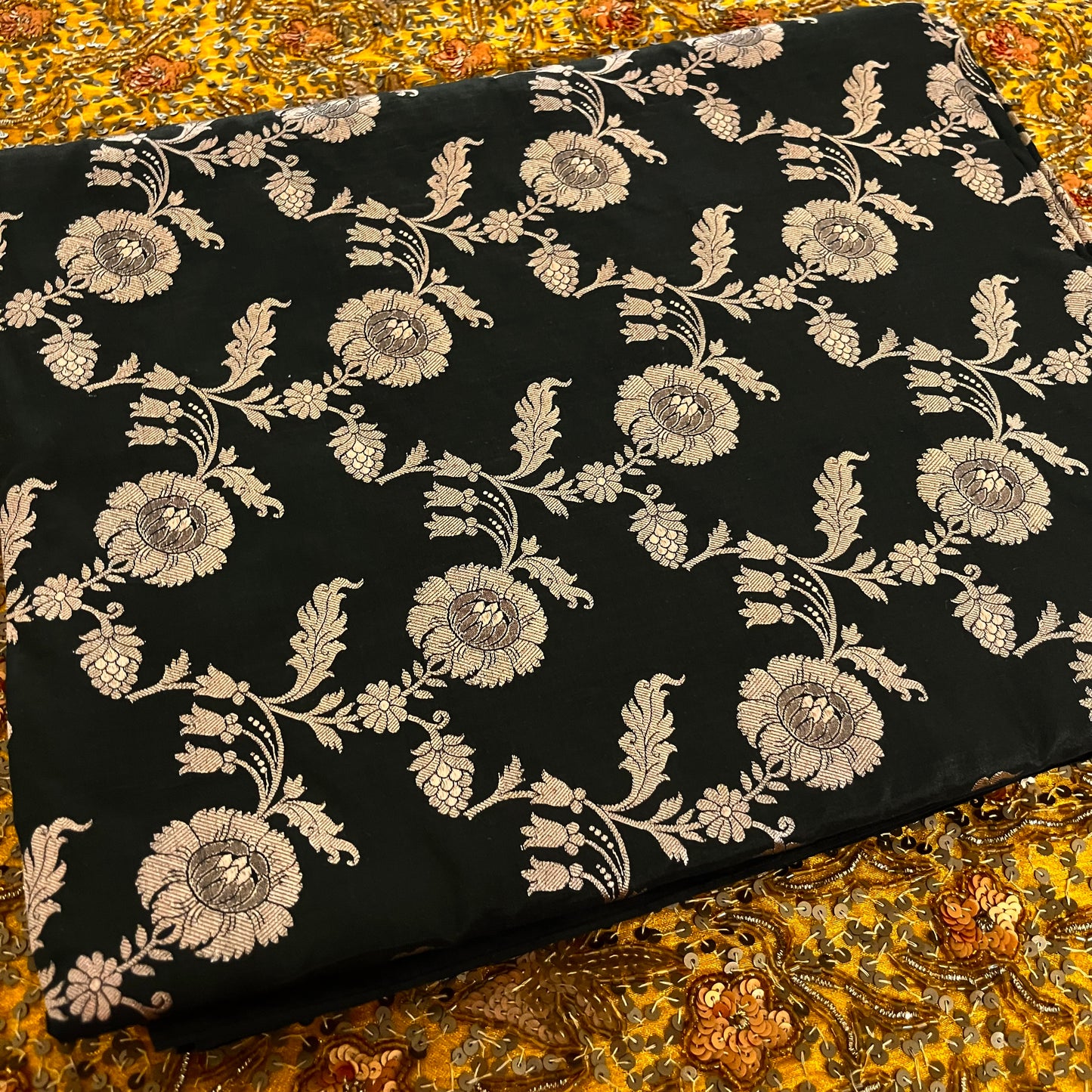 Black Banarasi katan silk saree with zari jaal work all over