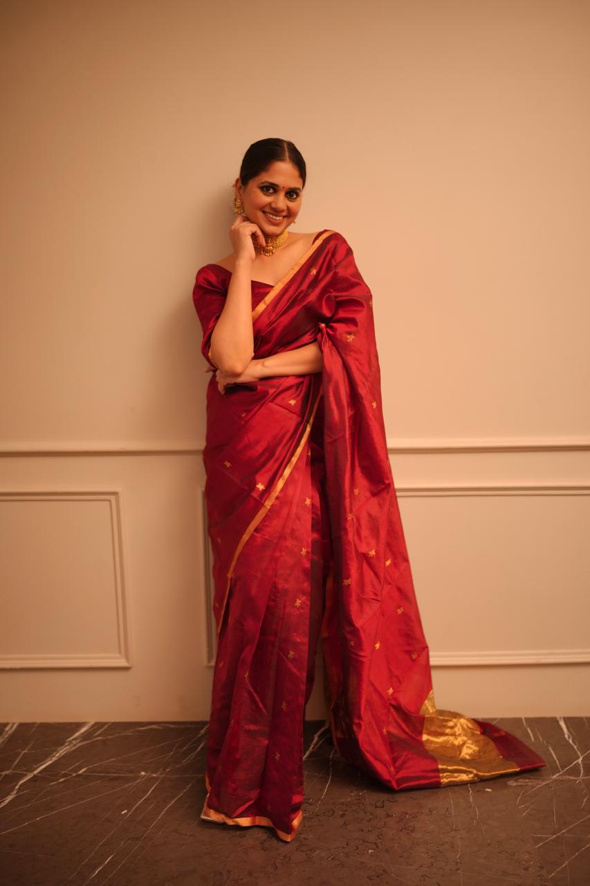 Ready to wear | Deep Maroon Chanderi Silk Saree with Flower Bootis all over