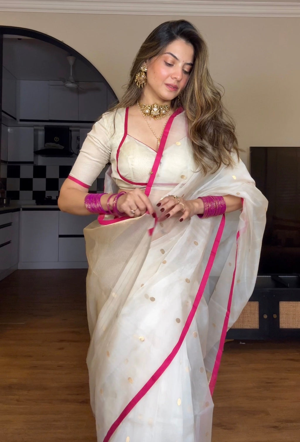 Off-White & Pink Chanderi Organza Silk Saree with Zari Bootis all over