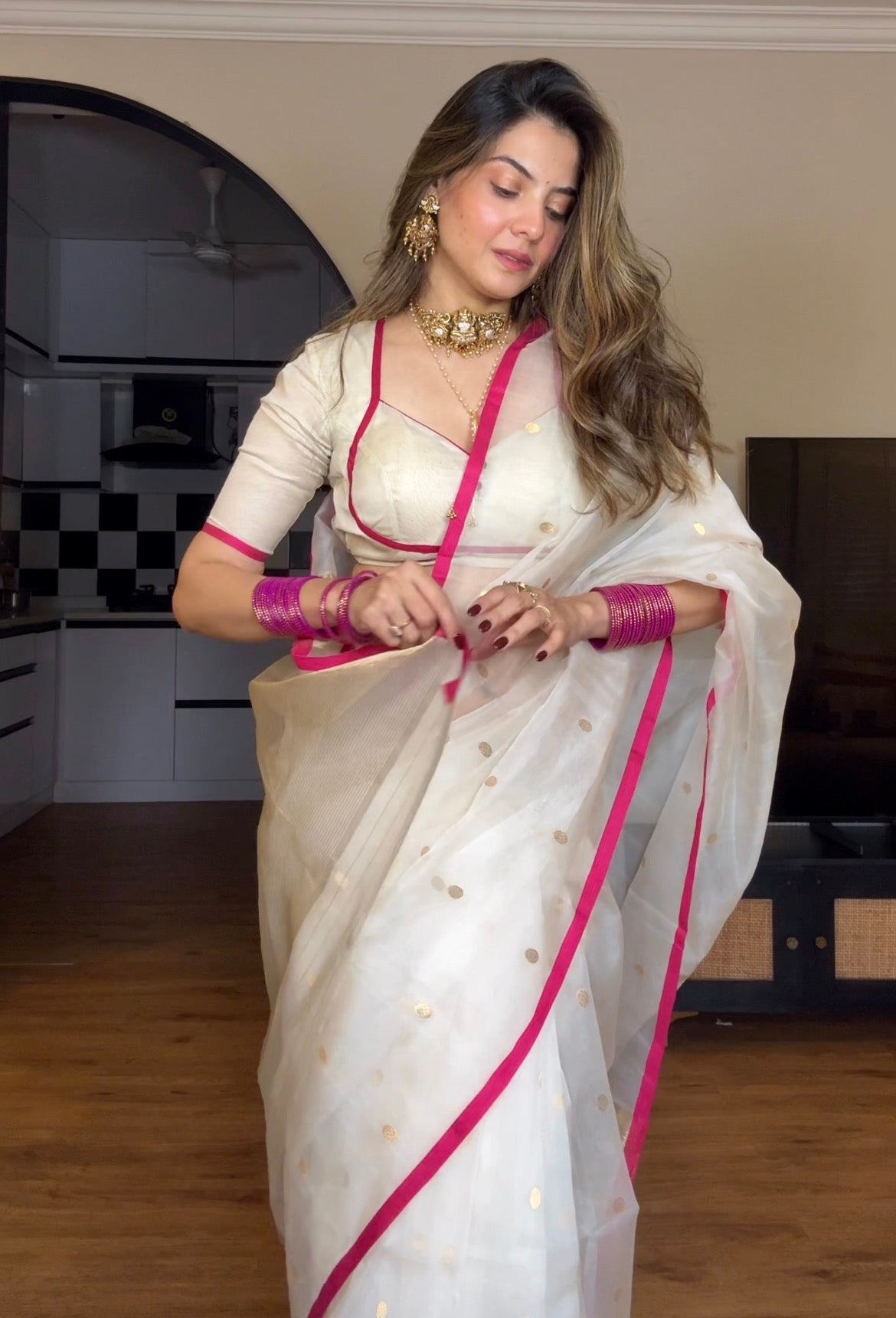 Off-White & Pink Chanderi Organza Silk Saree with Zari Bootis all over