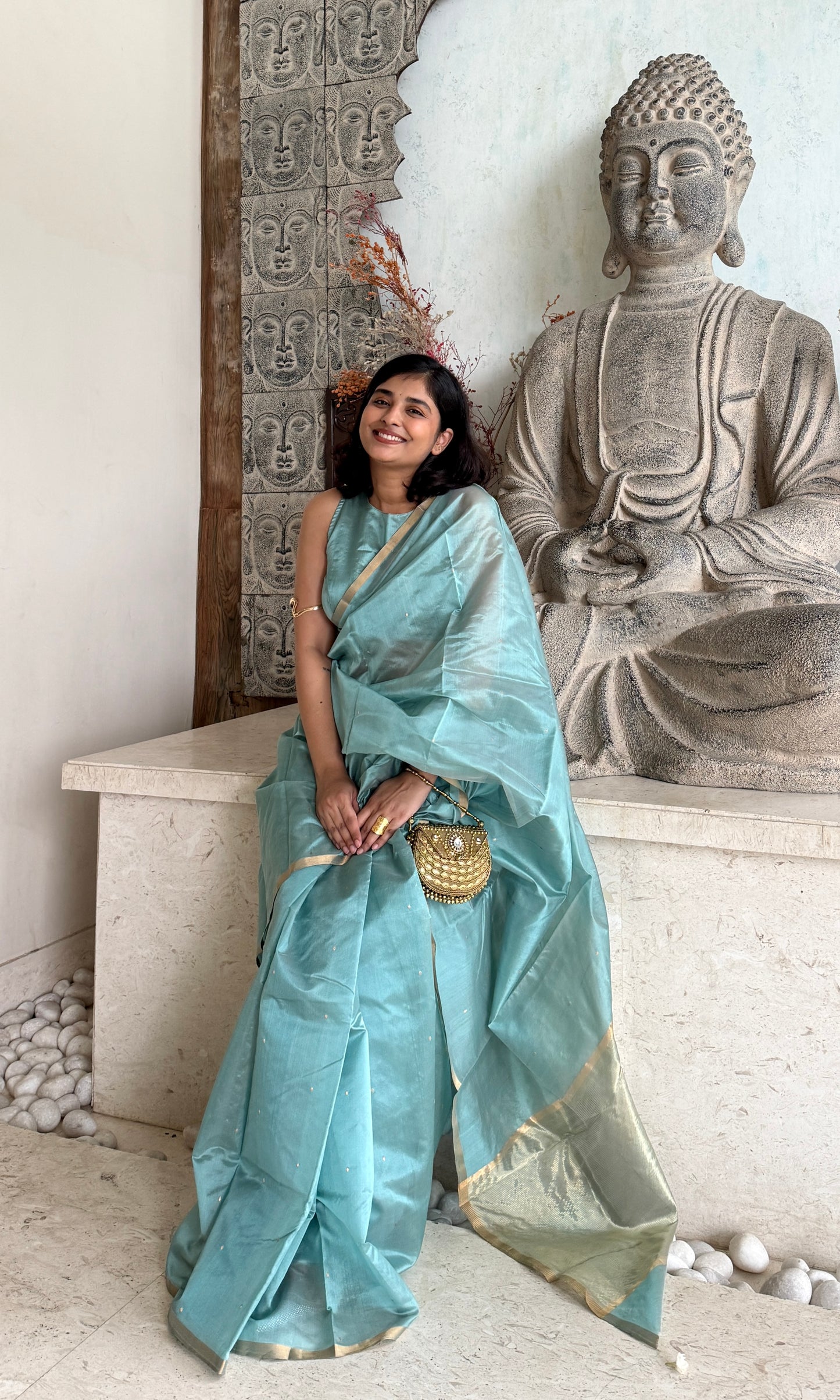 Baby blue chanderi silk saree with zari bootis all over
