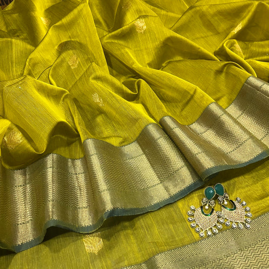 Mustard and green Maheshwari saree with flower motifs all over