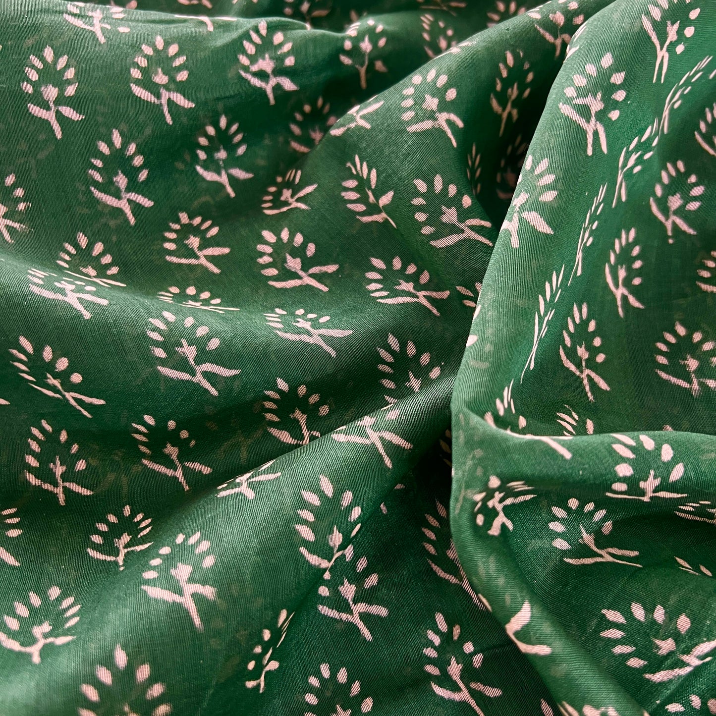 Green and white block print Chanderi saree