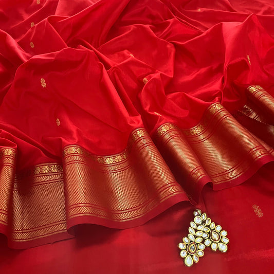Deep Red Maheshwari silk saree with flower bootis all over