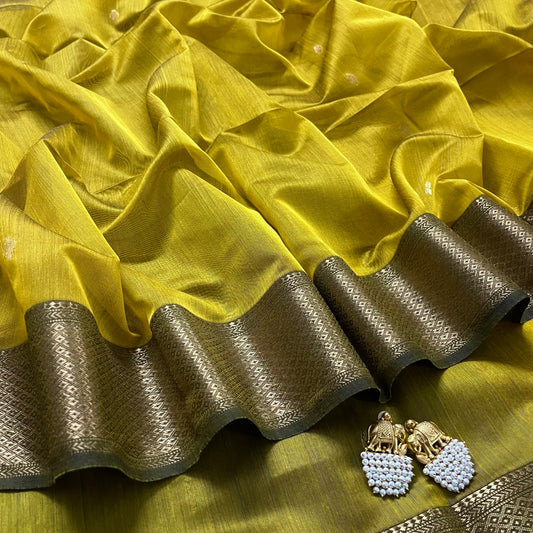 Mustard and green Maheshwari saree with flower motifs on pallu