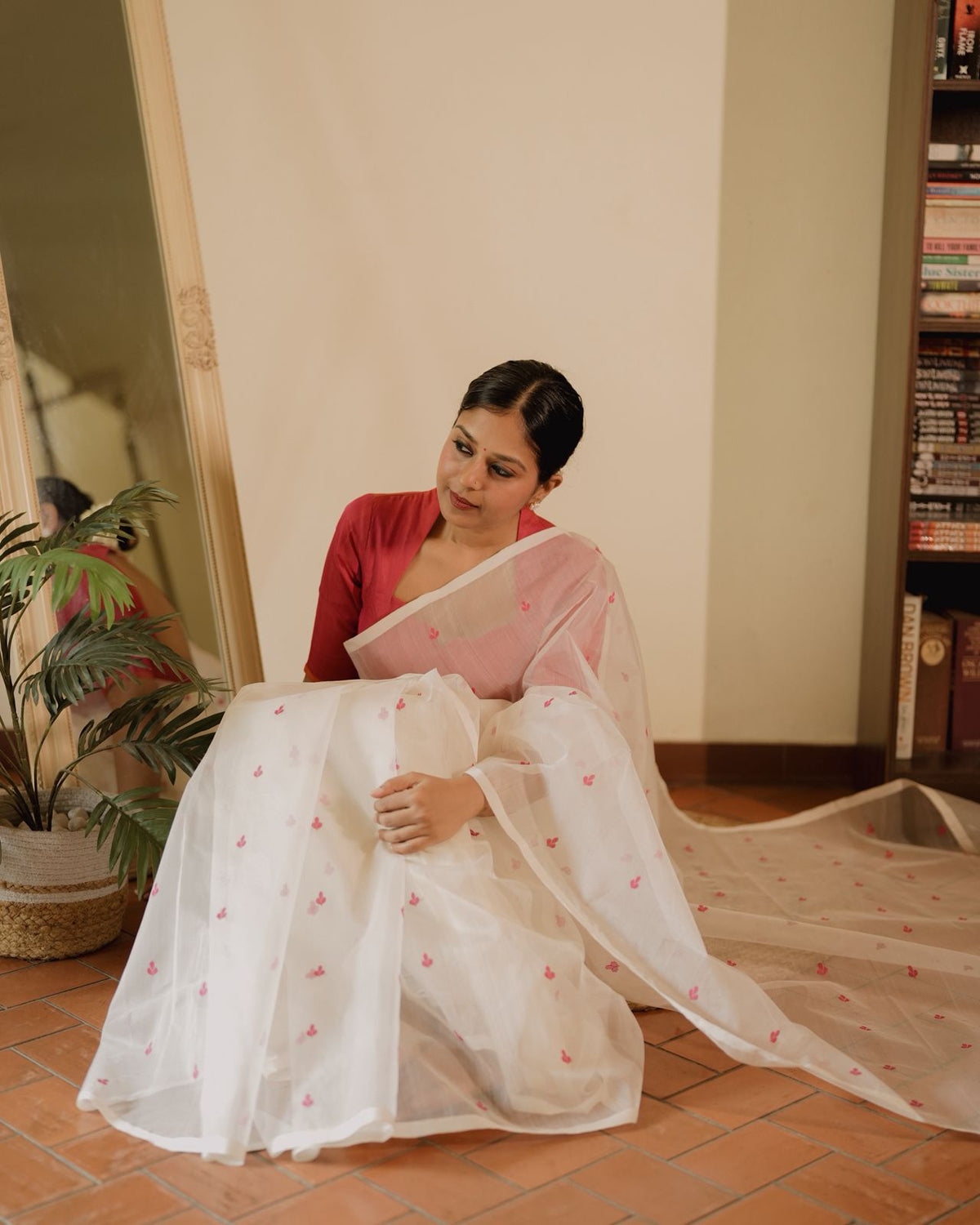 Off white and pink Chanderi silk saree with resham bootis all over