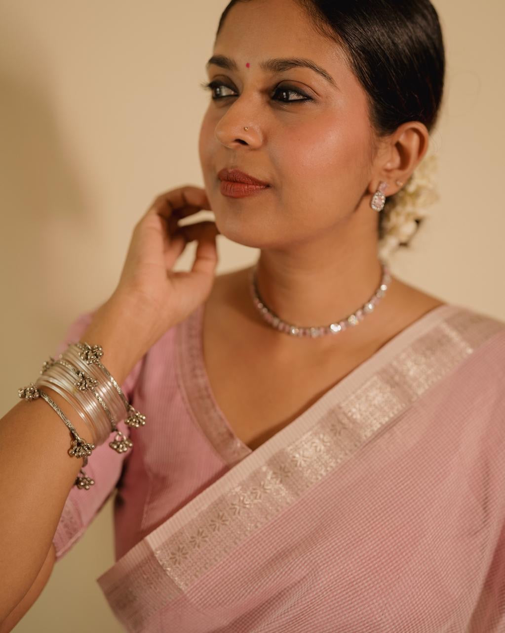 Baby pink Maheshwari saree with checks all over