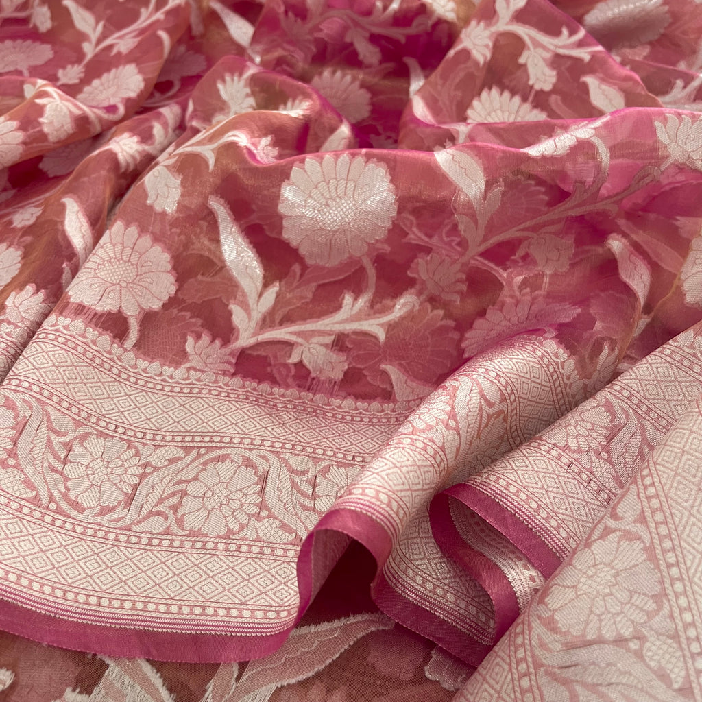 Peachish Pink Banarasi Tissue Silk Saree with Zari Jaal Work all over