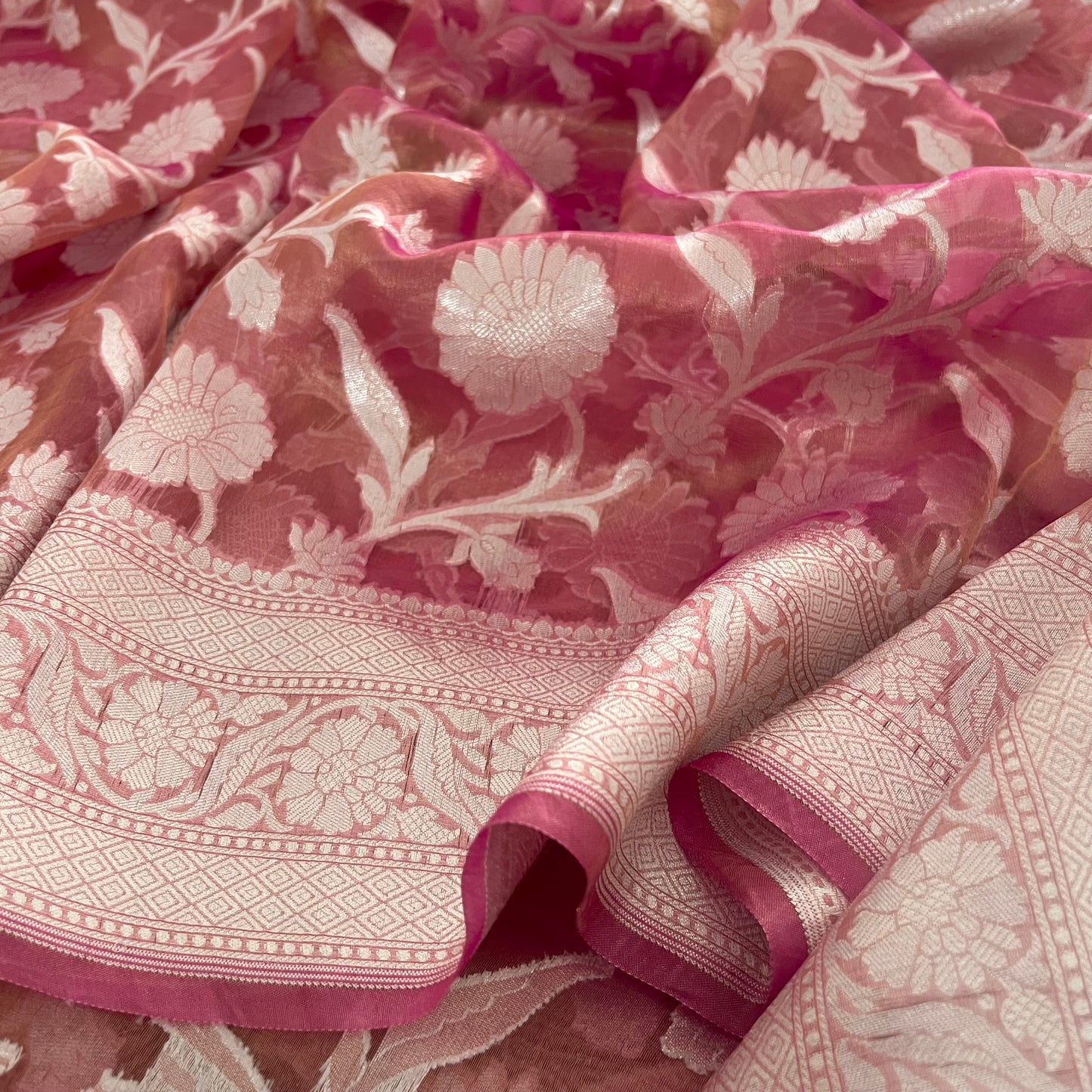 Peachish pink Banarasi tissue silk saree zari jaal work all over