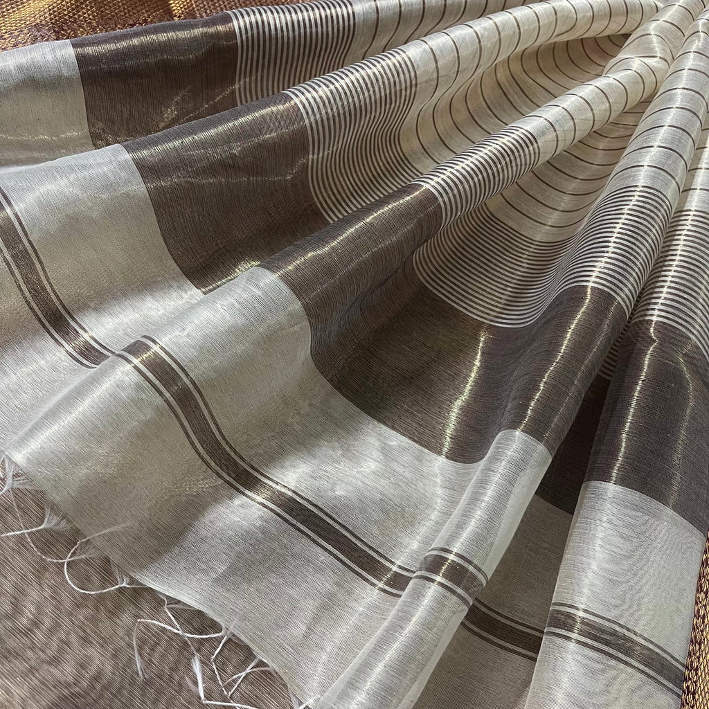 Ready to wear | Cream & Violet Maheshwari tissue silk saree with antique gold zari border