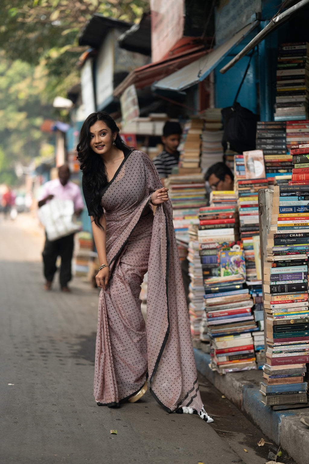 Greyish beige and black polka dot mulmul saree