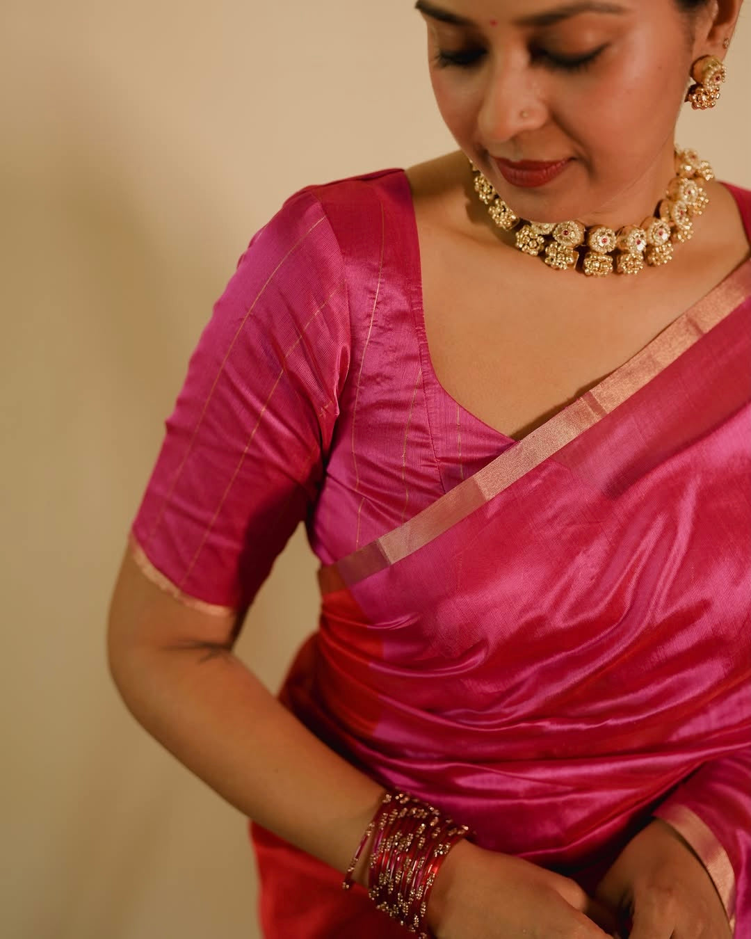 Chili Red and pink Chanderi silk saree with tassels on pallu