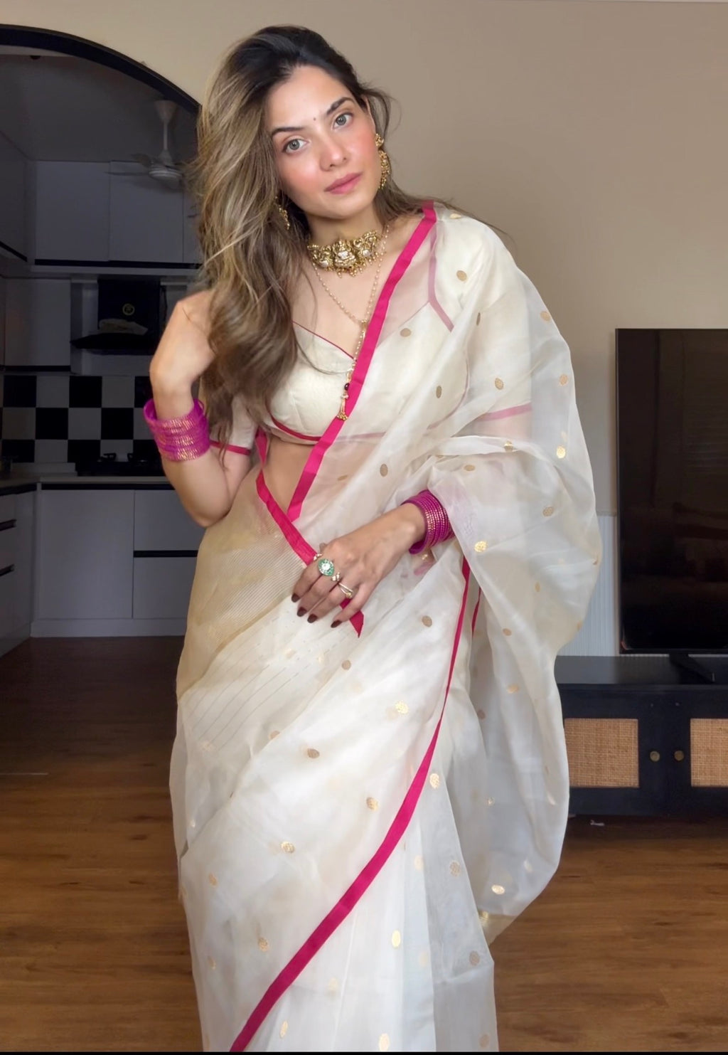 Off-White & Pink Chanderi Organza Silk Saree with Zari Bootis all over