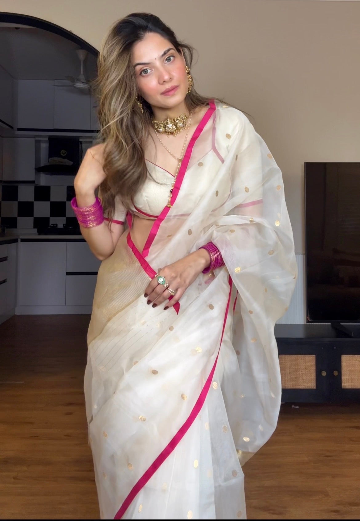 Off-White & Pink Chanderi Organza Silk Saree with Zari Bootis all over