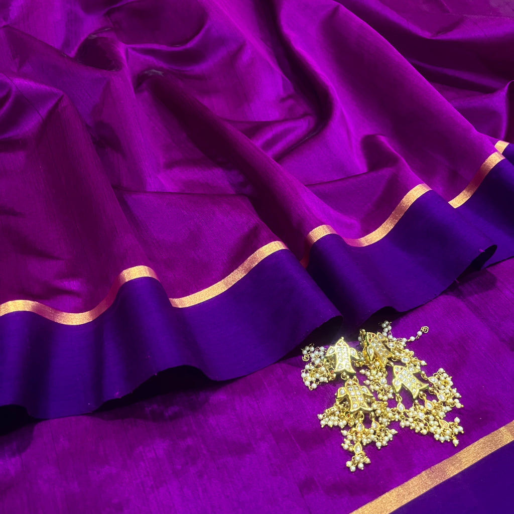 Plum & Blue Chanderi silk saree with zari lines on pallu