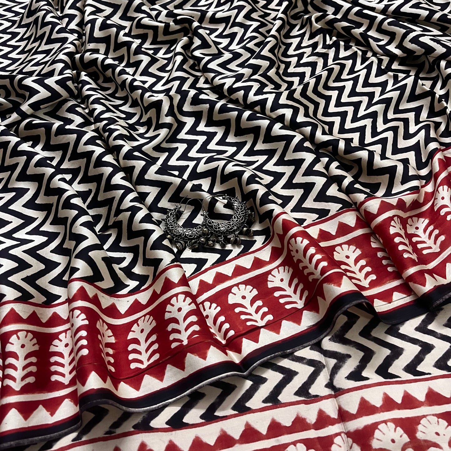 Black and white saree with block print all over